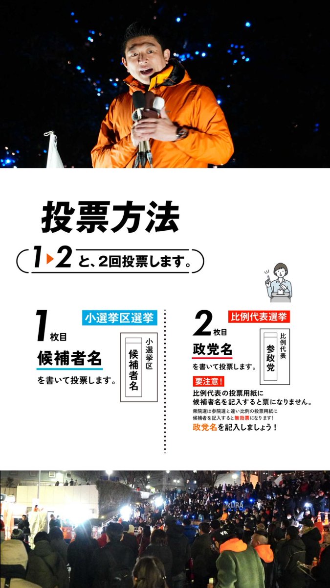 【選挙戦も残りわずか】

選挙活動が出来るのも
残り24時間を切りました。

2月8日(日)は
衆議院議員選挙投票日

2月7日(土)まで
期日前投票が可能です。

🔸18歳以上の方が投票可能

🔸当日投票できない方は、
     期日前投票を活用しましょう

私たちの未来を決める大切な
『一票』を無駄にせず、