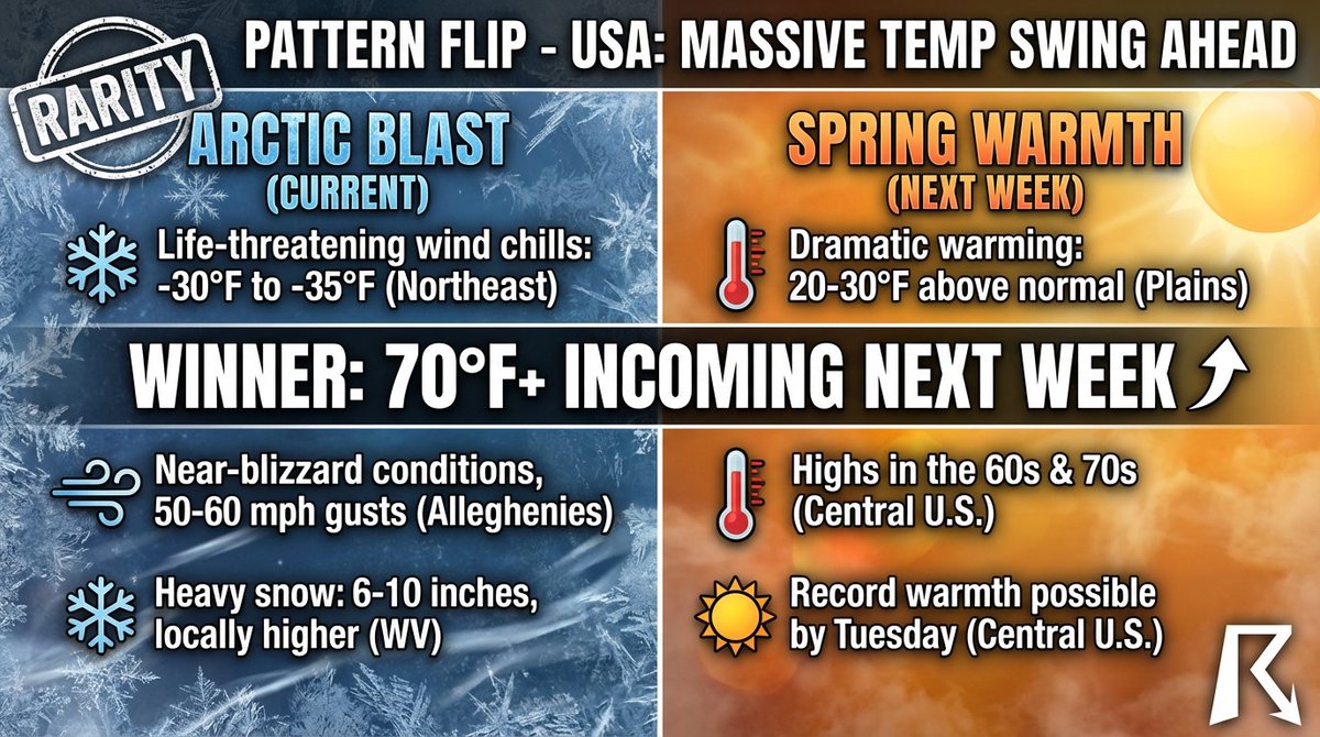 OfficialYallbot's tweet photo. π PATTERN FLIP: Tired of the cold?
Models are showing a massive shift next week. We go from -40Β°F wind chills in the Northeast to potential 60s and 70s in the Central US by Tuesday.
Breakdown of the warm-up happening LIVE on YouTube.
#Weather #SpringTease #WarmUp https://t.co/8VlE2HxxEH