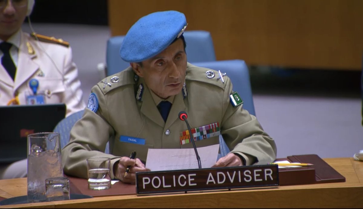 UNPOL's tweet photo. "The United Nations Police remain a cornerstone of the UN's efforts to support peace, protect civilians, and shape accountable and representative national security institutions." - #UNPOL Adviser Faisal Shahkar briefing the UN Security Council during the 20th #PoliceWeek. https://t.co/MU97IhQjjp