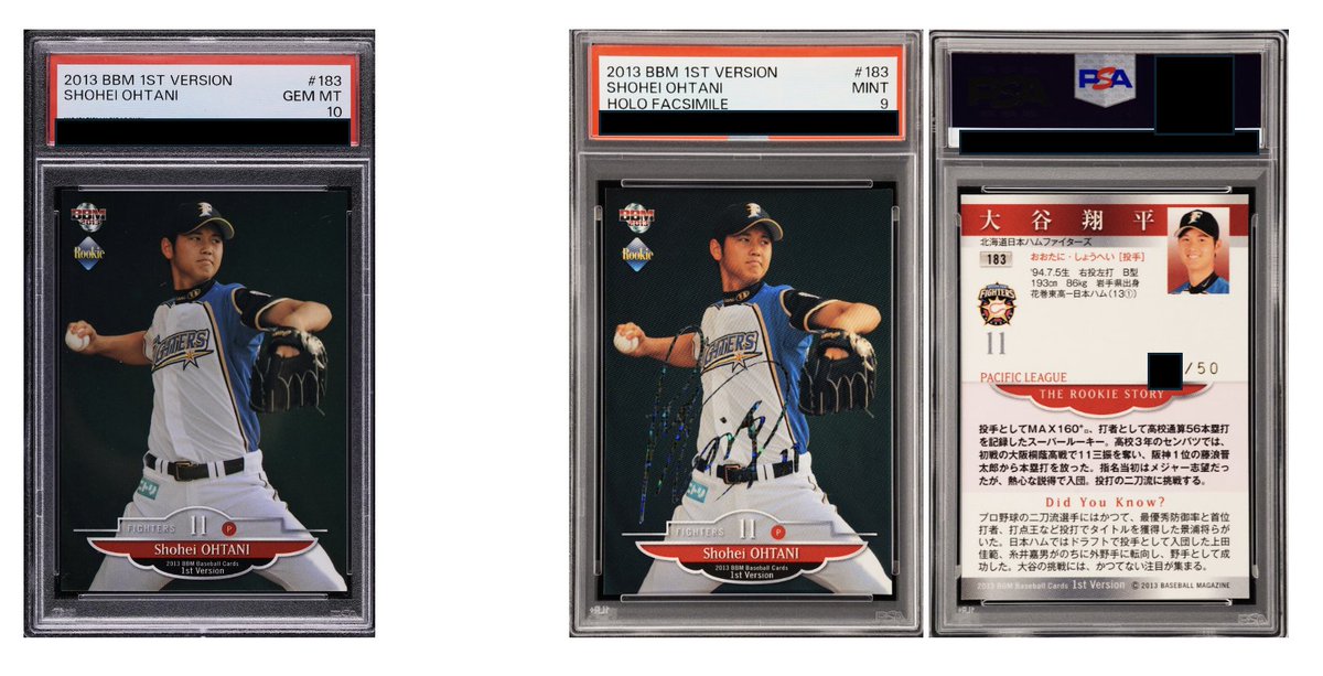 ben_joseph's tweet photo. @CardPurchaser Poll in comments...which 2013 Ohtani BBM flagship RC would you rather have to hold long term? 

2013 Ohtani BBM 1st PSA 10, or
2013 Ohtani BBM 1st PSA 9 XX/50 with foil signature