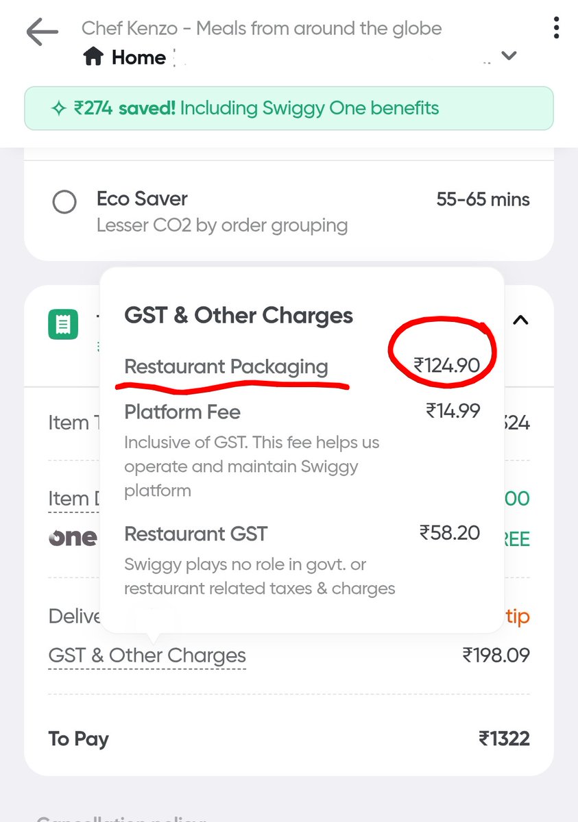 faiz_4k's tweet photo. New SCAM by @Swiggy and restaurants hand in glove. The exact same item till 2 weeks ago had Rs.28 packaging charges. Now it's 125!! Just for packaging! Taking customers for fools! https://t.co/cP36GzbsrK