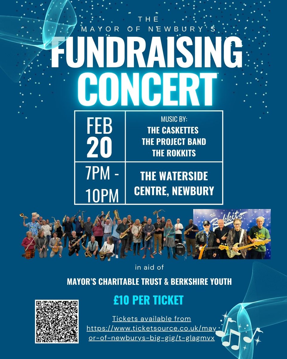 🎶 Join the Mayor of Newbury for a fundraising concert at the Waterside Centre, Fri 20 Feb! Live music from Project Band, The Rokkits &amp; The Caskettes. Tickets £10, all proceeds to Berkshire Youth. 🎟️ Book now: ticketsource.co.uk/mayor-of-newbu…
