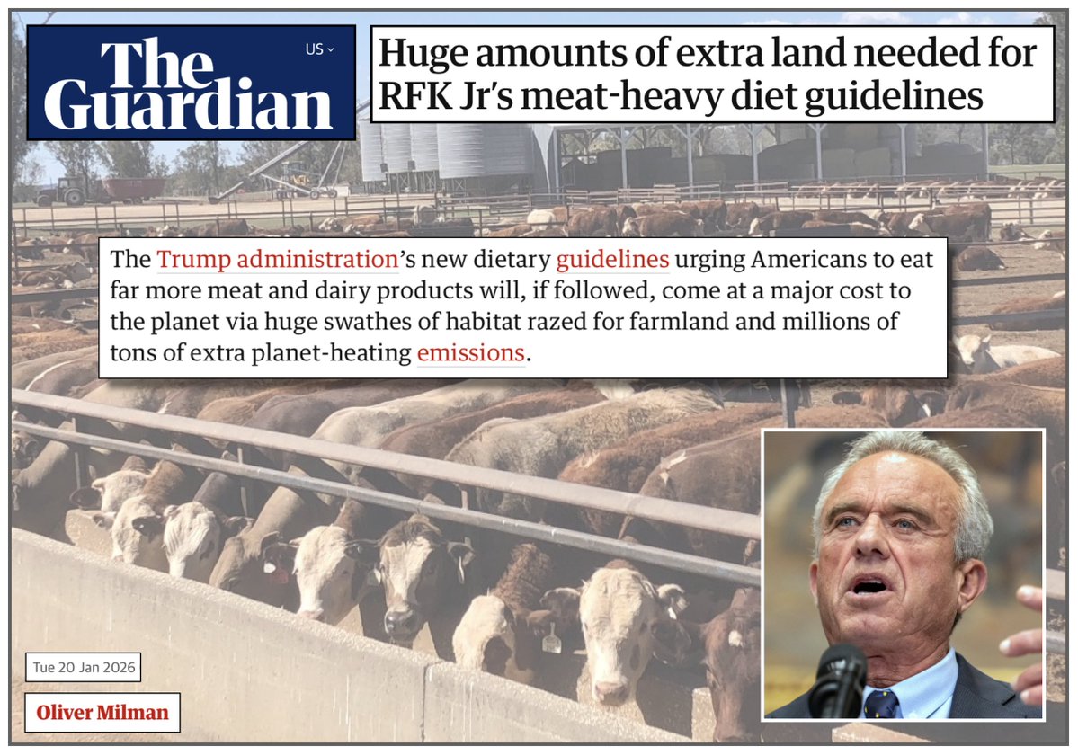 In a <a href="/guardian/">The Guardian</a> article, environmental reporter <a href="/olliemilman/">Oliver Milman</a> explains the ways in which RFK's meat-heavy nutrition guidelines will wreak havoc on the planet with increased deforestation, greenhouse gas emissions, waterway contamination and air pollution.

Milman also notes that