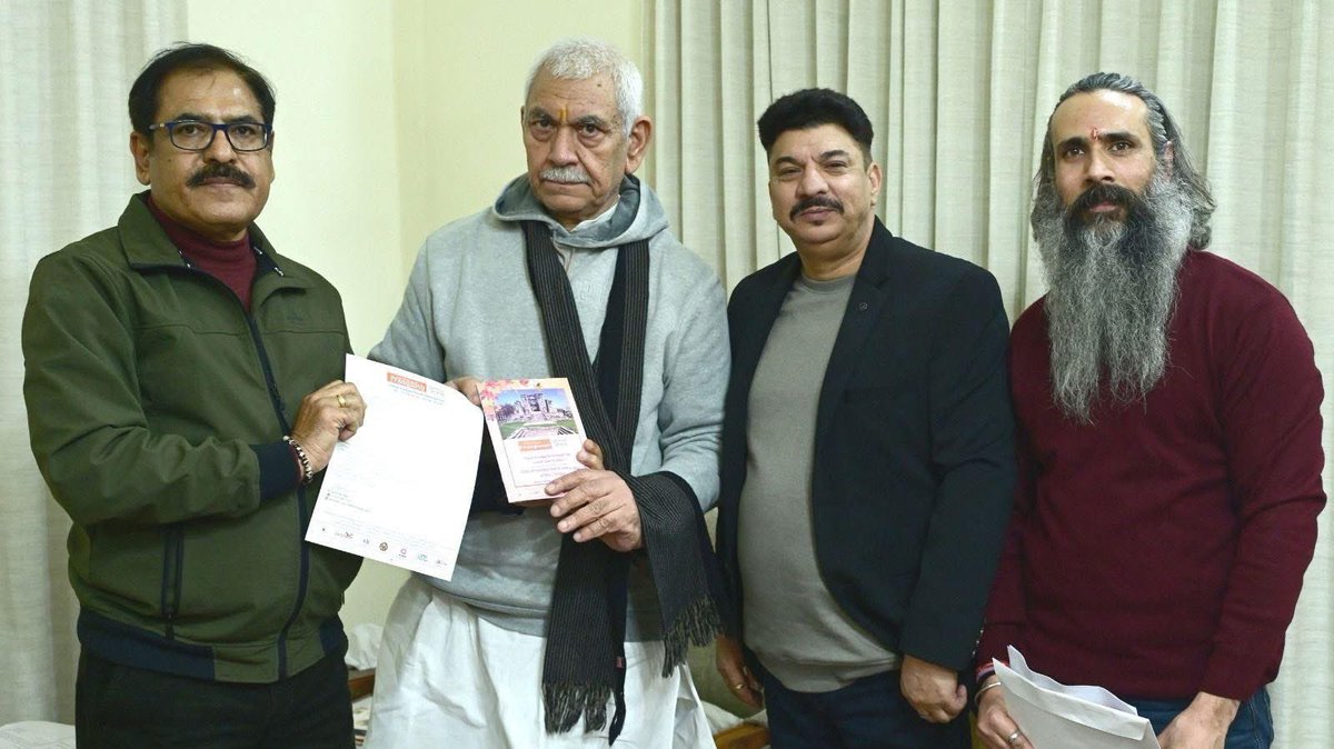kp_global's tweet photo. A Delegation from #Praagaash met with Hon. @OfficeOfLGJandK Sh. Manoj Sinha on Feb.5 at Lok Bhawan, ahead of the First #GlobalKashmiriPanditHeritageTour scheduled for June 6-14 2026.The delegation was led by @Kashiakhoon Coordinator, GKPD, along with @skoul366 President, AMEAK. https://t.co/pb0vnfSNLs