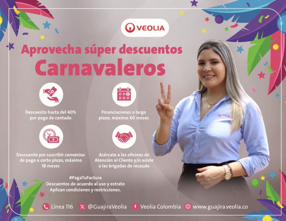 Ponerte al día en #VeoliaGuajira🏜️💧 es muy fácil.

Acércate a nuestras Oficinas de Atención al cliente y/o brigadas de recaudo y conoce los beneficios que tenemos para ti🔝