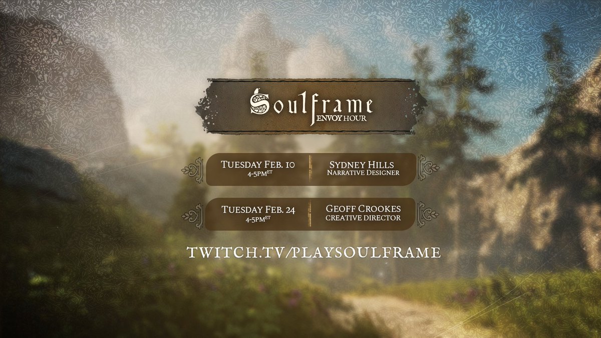 PlaySoulframe's tweet photo. Envoy Hour returns this month on https://t.co/HzHtwXoAoQ!

Join us as we journey through Soulframe, share behind-the-scenes insights, and talk about what’s ahead. 

Watch for 30 minutes to earn an invitation to Soulframe Preludes via Twitch Drop. https://t.co/3IPX0leZtI https://t.co/BTSsF48PlN