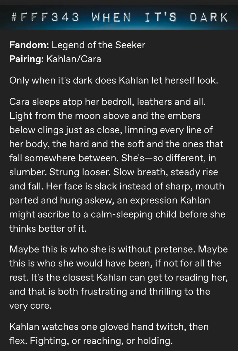 foibles_fables's tweet photo. #FlashFictionFriday again—struggled way more with this one, but hey, it’s the exercise. Kahlan/Cara this week. https://t.co/oUakkOAYQq