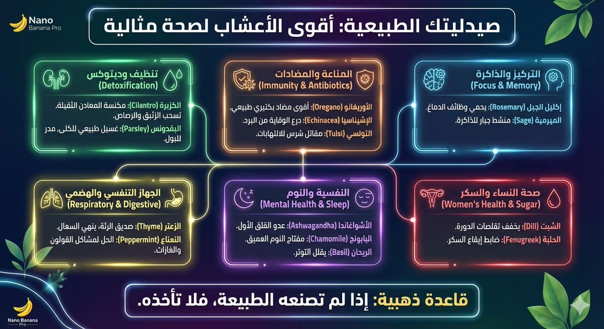 arabaltmed's tweet photo. صيدليتك الحقيقية موجودة في مطبخك وأنت غافل عنها.. 🌿

بدل ما تعبي جسمك أدوية كيميائية لكل عرض بسيط، تعرّف على "القائمة الذهبية" لأقوى الأعشاب الطبيعية وفوائدها اللي بتغير صحتك.

هذا الثريد هو مرجعك الكامل، فضّله وارجع له وقت الحاجة: 👇

1️⃣ للتنظيف والديتوكس: 
• الكزبرة: "مكنسة" المعادن الثقيلة؛ تسحب الزئبق والرصاص من جسمك وتطردهم. 
• البقدونس: أفضل غسيل طبيعي للكلى ومدر للبول.

2️⃣ للمناعة والمضادات الحيوية:
 • الأوريغانو: أقوى مضاد بكتيري طبيعي (يقتل الإشريكية والستاف). 
• الإكشيناسيا: درعك الواقي ضد نزلات البرد والإنفلونزا.
 • التولسي الريحان: المقاتل الشرس ضد الالتهابات في الجسم.

3️⃣ للتركيز والذاكرة:
 • إكليل الجبل (الروزماري): يحمي وظائف الدماغ وغني بمضادات الأكسدة.
 • الميرمية: منشط جبار للذاكرة، وتستخدم حالياً كدعم في حالات الزهايمر.

4️⃣ للجهاز التنفسي والهضمي:
 • الزعتر: صديق الرئة؛ ينهي السعال ويوسع القصبات. 
• النعناع: الحل السحري لمشاكل القولون العصبي والغازات.

5️⃣ للنفسية والنوم:
 • الأشواغاندا: عدو "الكورتيزول" الأول؛ تنهي القلق وتحسن المزاج.
 • البابونج: مفتاح النوم العميق والهدوء.
 • الريحان: يقلل التوتر والإجهاد التأكسدي للأعصاب.
6️⃣ لصحة النساء والسكر:
 • الشبت: يخفف تقلصات الدورة الشهرية بشكل مذهل.
 • الحلبة: ضابط إيقاع السكر في الدم وتحسين حساسية الإنسولين.

القاعدة الذهبية تقول: 
"إذا لم تصنعه الطبيعة، فلا تأخذه." 🍃

المحتوى تعبت في ترتيبه ليفيدك، لا يوقف عندك: 
• رتويت (RT) لتعم الفائدة. 
• تابعني لكل جديد في عالم الصحة الطبيعية. ✅