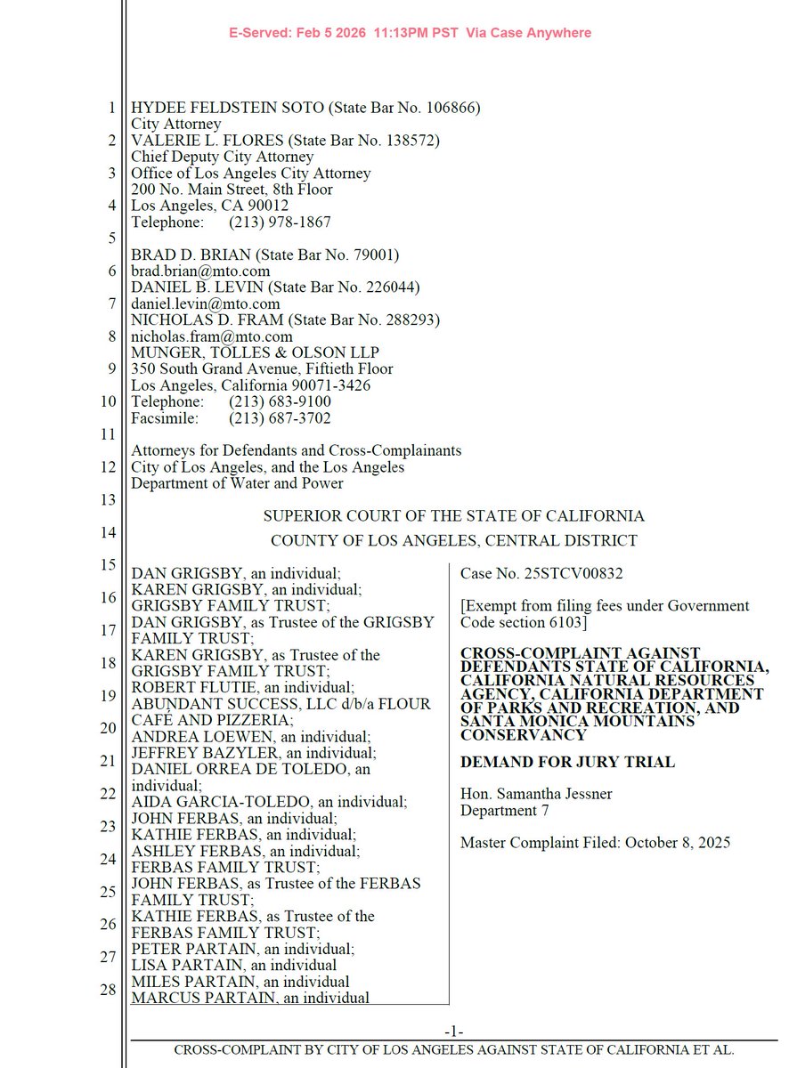 Late last night, the City of Los Angeles filed a cross-complaint against the State of California seeking indemnity and contribution for the fire victims' claims against the City. Interesting timing ahead of the 2/10/26 hearing on the City's demurrer which seeks to dismiss the