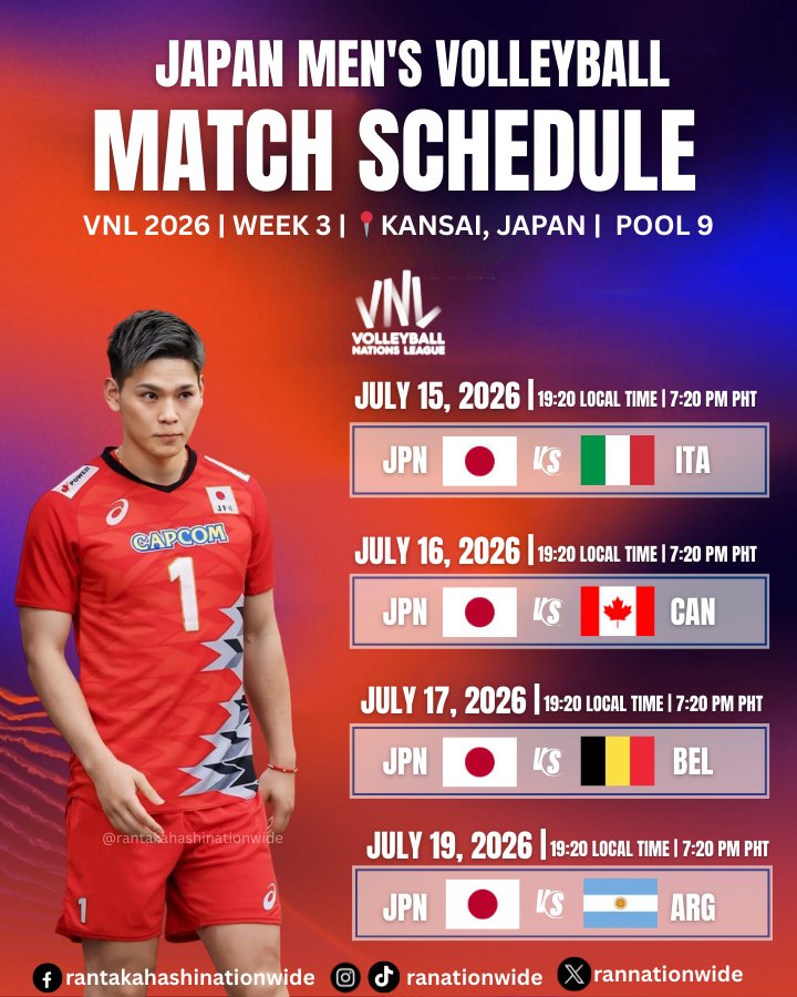 rannationwide's tweet photo. Japan Volleyball Team match schedule for #VNL2026 is out! 🤩🙌

#RyujinNippon #VNL2026 #volleyball https://t.co/XxXwnBNFwl