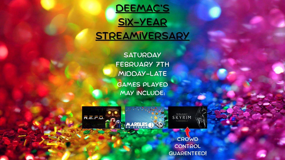 So here is the poster for tomorrow's streamiversary stream! Starting at 12pm UK/ Ireland time, we'll chat and chill and go from there! We will be doing Crowd Control Skyrim at some point too so strap in for that, then some R.E.P.O later on to end off for the evening!