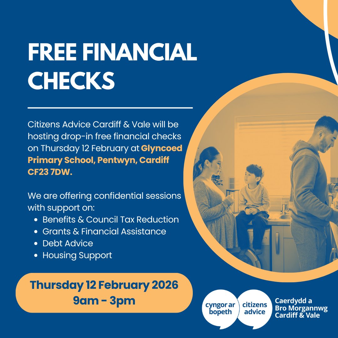 We're hosting free drop-in financial checks on Thursday 12 February between 9am and 3pm at Glyncoed Primary School, Pentwyn.

We're offering confidential sessions with support on:
• Benefits &amp; council tax reductions
• Grants &amp; financial assistance
• Debt
• Housing