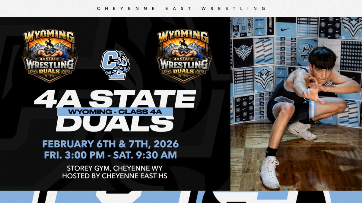 CheyEast's tweet photo. History made at Storey Gym!
Cheyenne East hosts the first-ever Wyoming 4A State Duals today and tomorrow—bracket-style, dual after dual.

Come catch the action! 🤼‍♂️🔥 https://t.co/xVOLZsbfhk