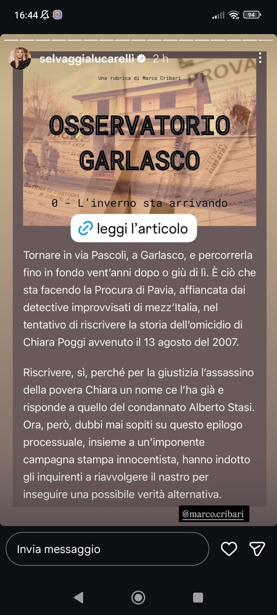 Quella che critica chi parla di Garlasco ...
Nell'ennesimo modo per monetizzarci su:"l'imponente campagna stampa innocentista che ha indotto gli inquirenti a riavvolgere il nastro" 
Si certo proprio per la stampa si è riaperto il caso!!
Basta cazzate! (E siamo a 2 oggi)
#Garlasco