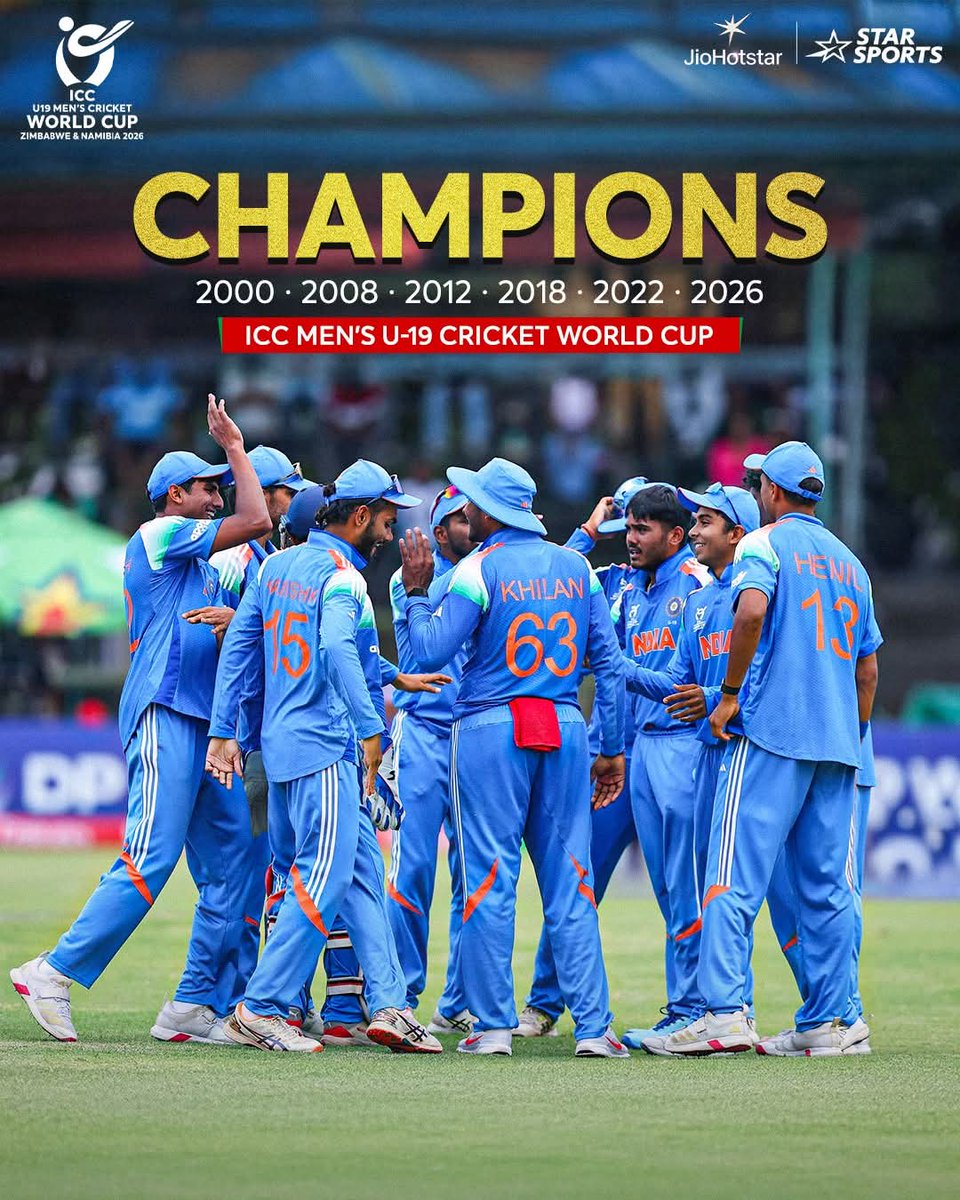 The future stars are today’s CHAMPIONS! 🏆

Unbeaten throughout the tournament, a thumping win in the final to claim India’s 6th ICC Men’s #U19WorldCup title 🇮🇳💙
#vaibhavsuryavanshi