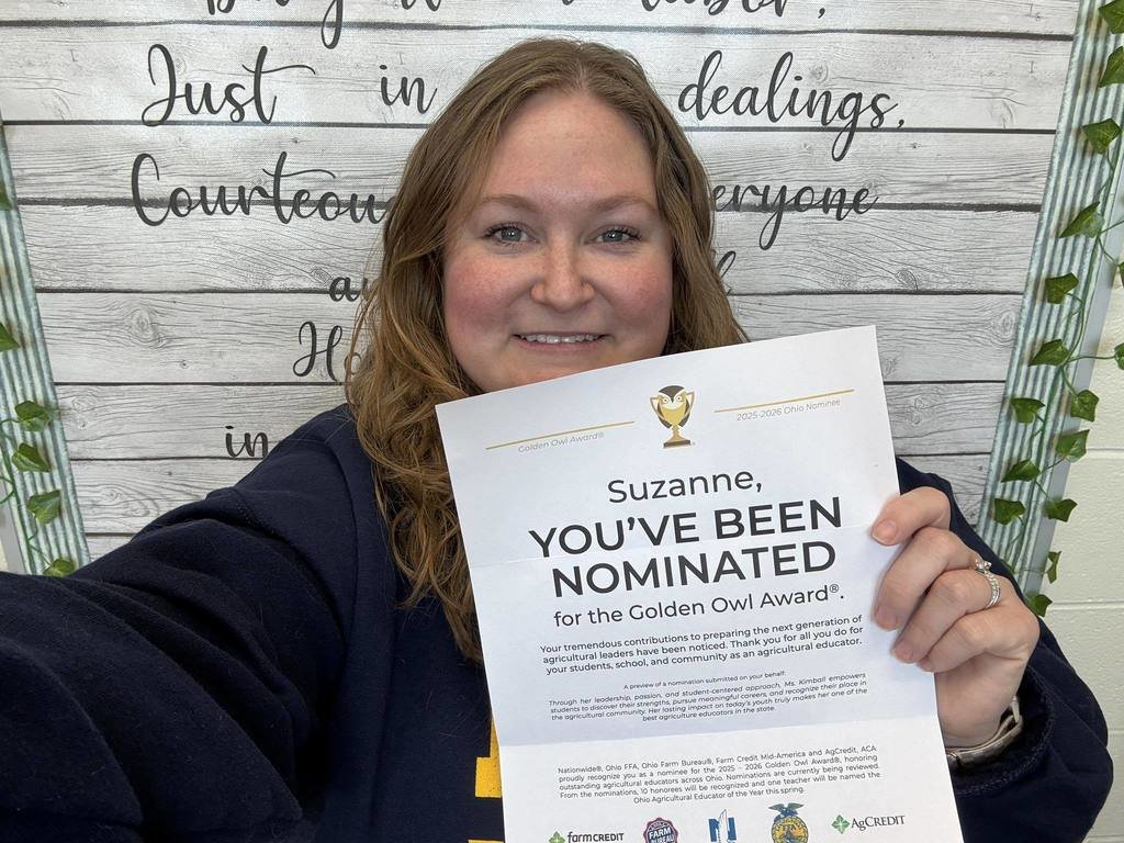 Congratulations to our own Mrs. Gehret for being nominated for a Golden Owl Award. 10 Golden Owl awards &amp; the Ohio Ag Teacher of the Year will be announced later this spring at the Ohio FFA Convention.