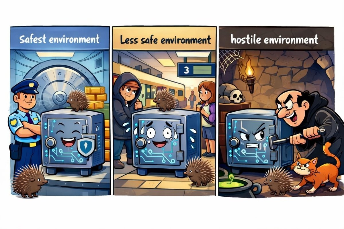 moshik11's tweet photo. The "Where" Matters: TEE Deployment Environments: 

Even with top hardware (SGX/TDX), security depends on where that box lives. 

For privacy-focused TEEs: Breach leaks data, but protocol integrity holds (no double-spends). 

The "Hostility Levels" define your risk. 👇 

1/ Bank Vault (Safest) 🏦 
- Env: Trusted clouds (AWS/GCP/Azure) or foundations.
- Pro monitoring & compliance.
- Risk: Side-channels minimized by layers of physical security.

2/ Train Station (Less Safe) 🚉 
- Env: Decentralized validators.
- Accessible, mixed motives.
- Risk: Software probes likely (timing/cache via OS exploits). Assume side-channel threats.

3/ Gargamel’s Castle (Hostile) 🏰🧪
- Env: Malicious nodes or state hackers (e.g., Lazarus).
- Attacker owns the hardware.
- Risk: Physical/supply-chain tampering, TEE breach inevitable. 
- Avoid or Pivot to MPC or ZK-proofs. If you are building for this scenario, hardware is just the first line of defense.

Bottom Line: A TEE is a "safe." But one in a bank vault >> one in a villain's dungeon. 
 #Web3 #Privacy #ConfidentialComputing #TEE #Blockchain