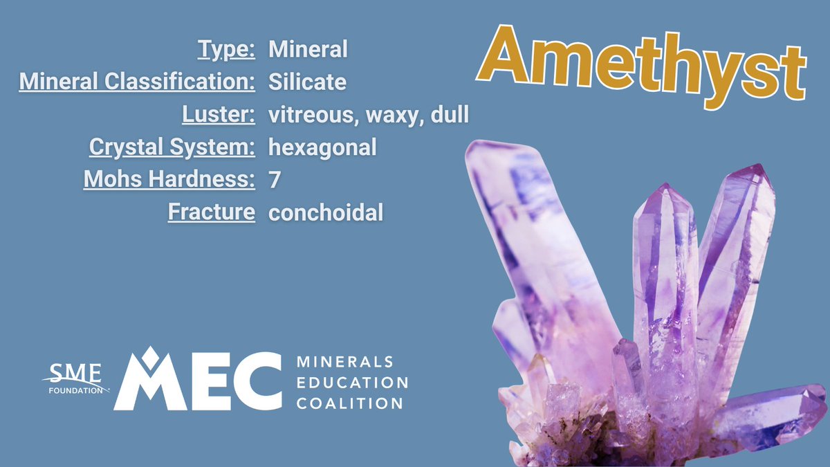 MECeducation's tweet photo. Did you know amethyst owes its regal purple hue to manganese? This fascinating mineral showcases how trace elements can transform a crystal's appearance. Nature's own color palette at work! Learn more: https://t.co/U1yMWF5npP #MiningScience #MineralsEducation https://t.co/qCdOTKq6ow