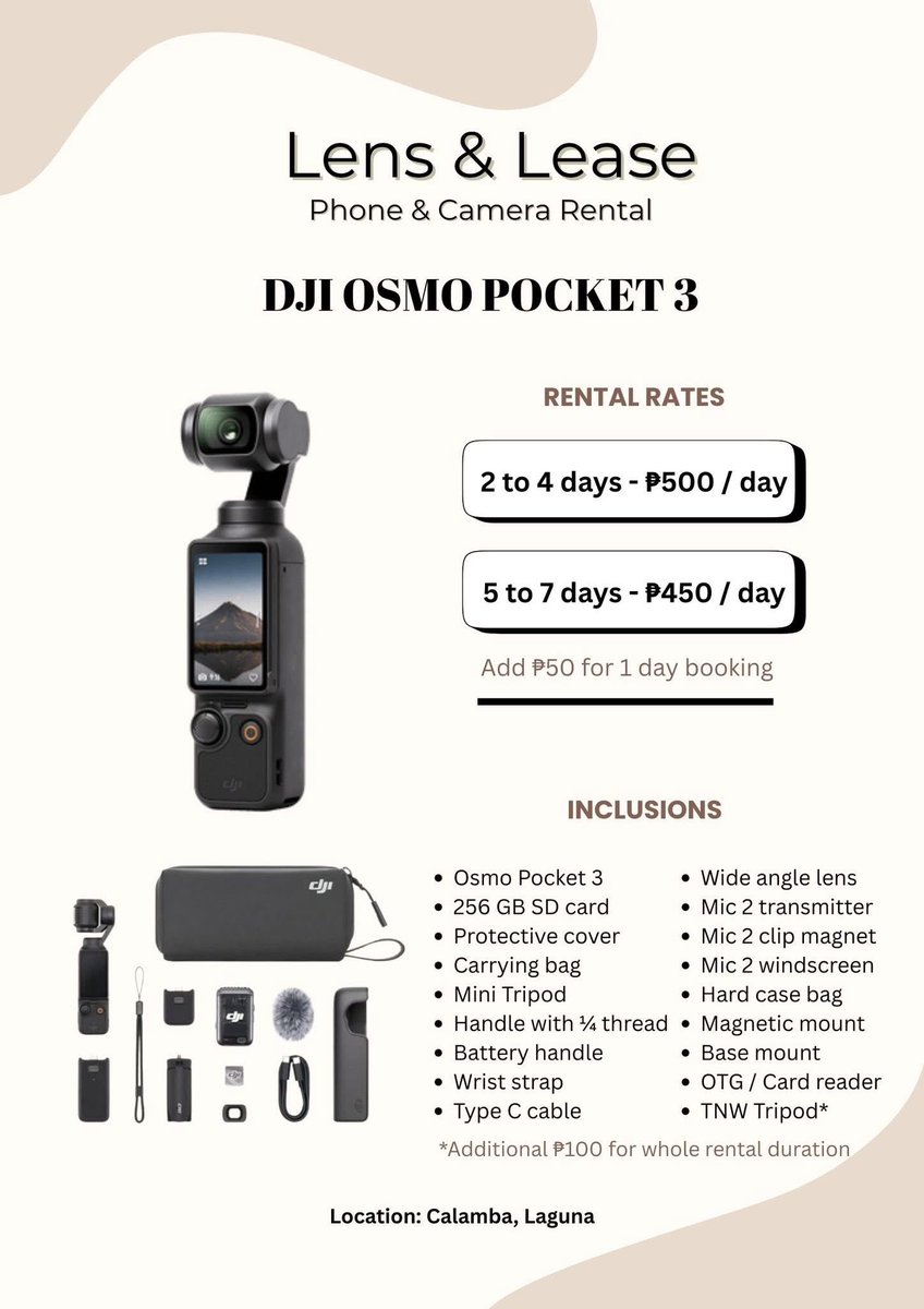 LensandLease's tweet image. Thank you Ms. Jhoana for renting our 𝐃𝐉𝐈 𝐎𝐬𝐦𝐨 𝐏𝐨𝐜𝐤𝐞𝐭 𝟑!  🫶🏻

📩 For inquiries and reservations, please send us a message.

Availability: tinyurl.com/4za7wuhy

#phonerental #phoneforrent #cameraforrent #CameraForRentPH #djiosmopocket3