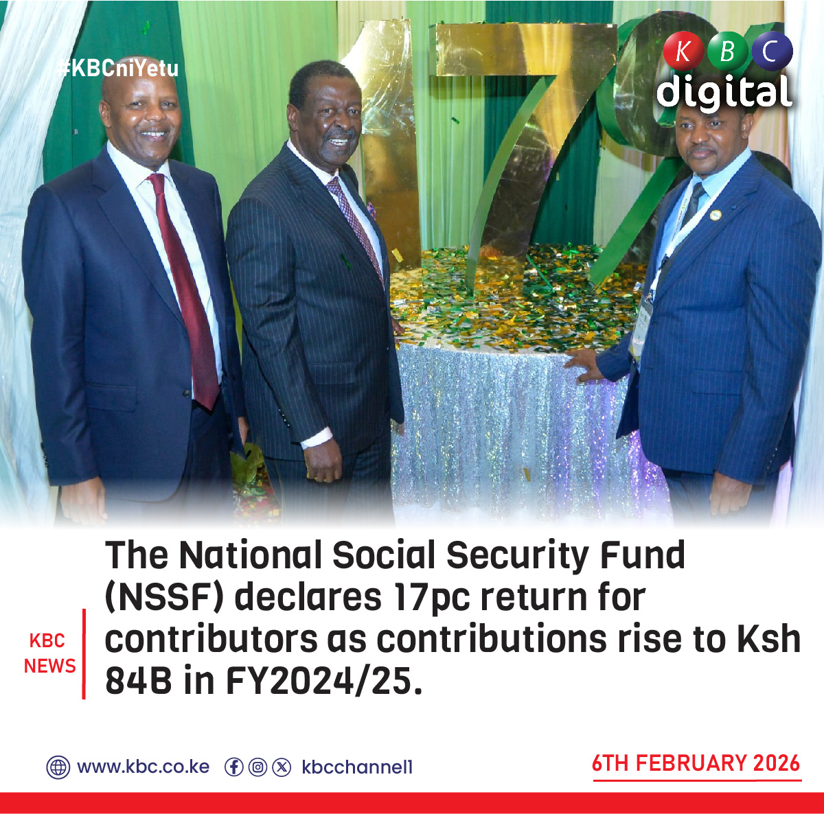 KBCChannel1's tweet photo. The National Social Security Fund (NSSF) declares 17pc return for contributors as contributions rise to Ksh 84B in FY2024/25. ^EK

#KBCniYetu https://t.co/AUi1wnAnhm