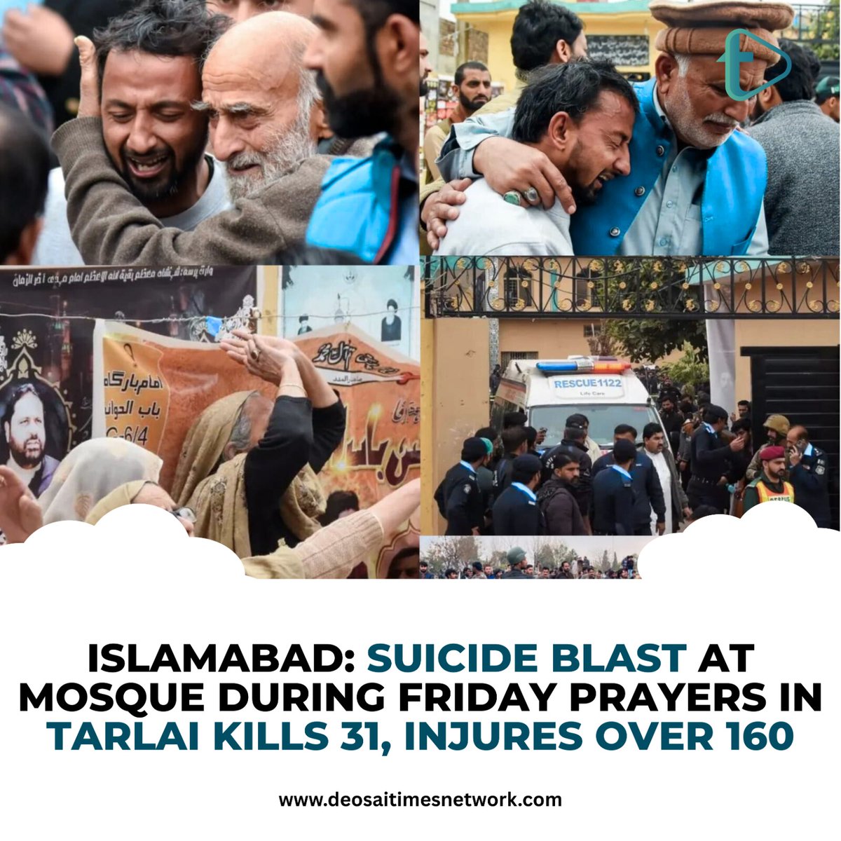 DeosaiTimes's tweet photo. Islamabad: Suicide Blast at Mosque During Friday Prayers in Tarlai Kills 31, Injures Over 160 https://t.co/lLvArnolpr