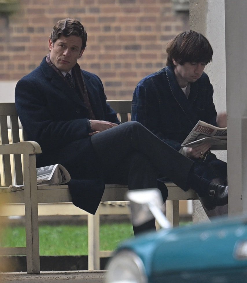 BeatlesBiopics's tweet image. First look at James Norton as Brian Epstein sitting with Barry Keoghan as Ringo Starr 🎬 #BeatlesBiopics
