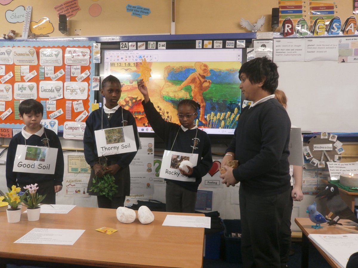 StAugustinesPri's tweet photo. Our Year 5s were absolute stars this week  diving into the Parable of the Sower! 🌟 They explored the moral that a receptive heart (the "good soil") is key to growth and wisdom. 🪴 We are so proud of their deep reflections on how we can nourish our own minds to flourish. https://t.co/R9O9UswwfI