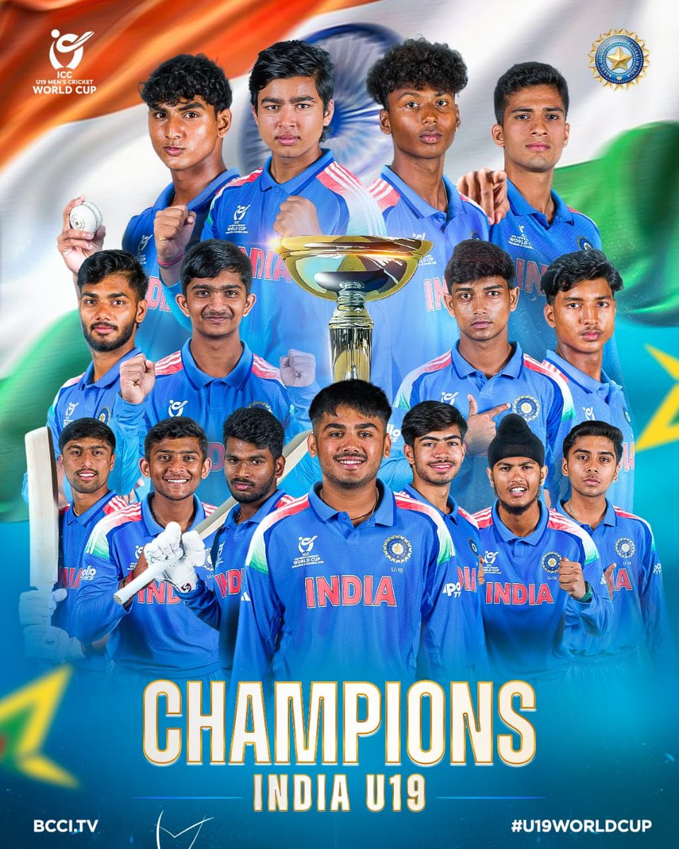 arungovil12's tweet photo. भारत की युवा शक्ति का पराक्रम - भारत बना अंडर-19 विश्व कप विजेता

अंडर-19 विश्व कप में शानदार प्रदर्शन करते हुए भारतीय युवा टीम ने इंग्लैंड को हराकर देश को गौरवान्वित किया है। इस ऐतिहासिक जीत पर पूरी टीम को हार्दिक बधाई और शुभकामनाएँ।

विशेष रूप से युवा बल्लेबाज़ वैभव सूर्यवंशी ने 175 रनों की विस्फोटक पारी खेलकर न केवल मैच को भारत के पक्ष में मोड़ा, बल्कि अपनी प्रतिभा और आत्मविश्वास से दुनिया भर में भारतीय क्रिकेट की नई ताकत का परिचय दिया। उनका यह प्रदर्शन आने वाली पीढ़ियों के खिलाड़ियों के लिए प्रेरणा का स्रोत बनेगा।

यह जीत भारतीय युवाओं की क्षमता, अनुशासन और समर्पण का प्रतीक है। हमें विश्वास है कि हमारी युवा टीम भविष्य में भी इसी जोश और जज़्बे के साथ देश का नाम विश्व पटल पर रोशन करती रहेगी।

#INDvENG
#Under19WorldCupFinal
#INDU19vsENGU19
#U19WorldCup
#U19WorldCup2026
@BCCI @IndiaSports @mygovindia