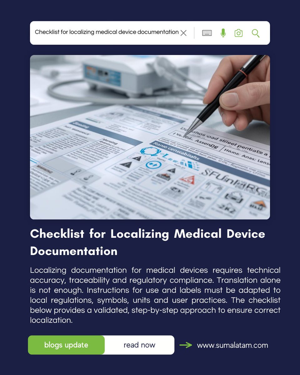 Medical device localization ≠ translation.
IFUs and labels must meet:
 • Regulatory rules
 • Clinical accuracy
 • Readability standards
 • Full traceability
This checklist shows how to localize medical device documentation the right way.
sumalatam.com/checklist-loca…