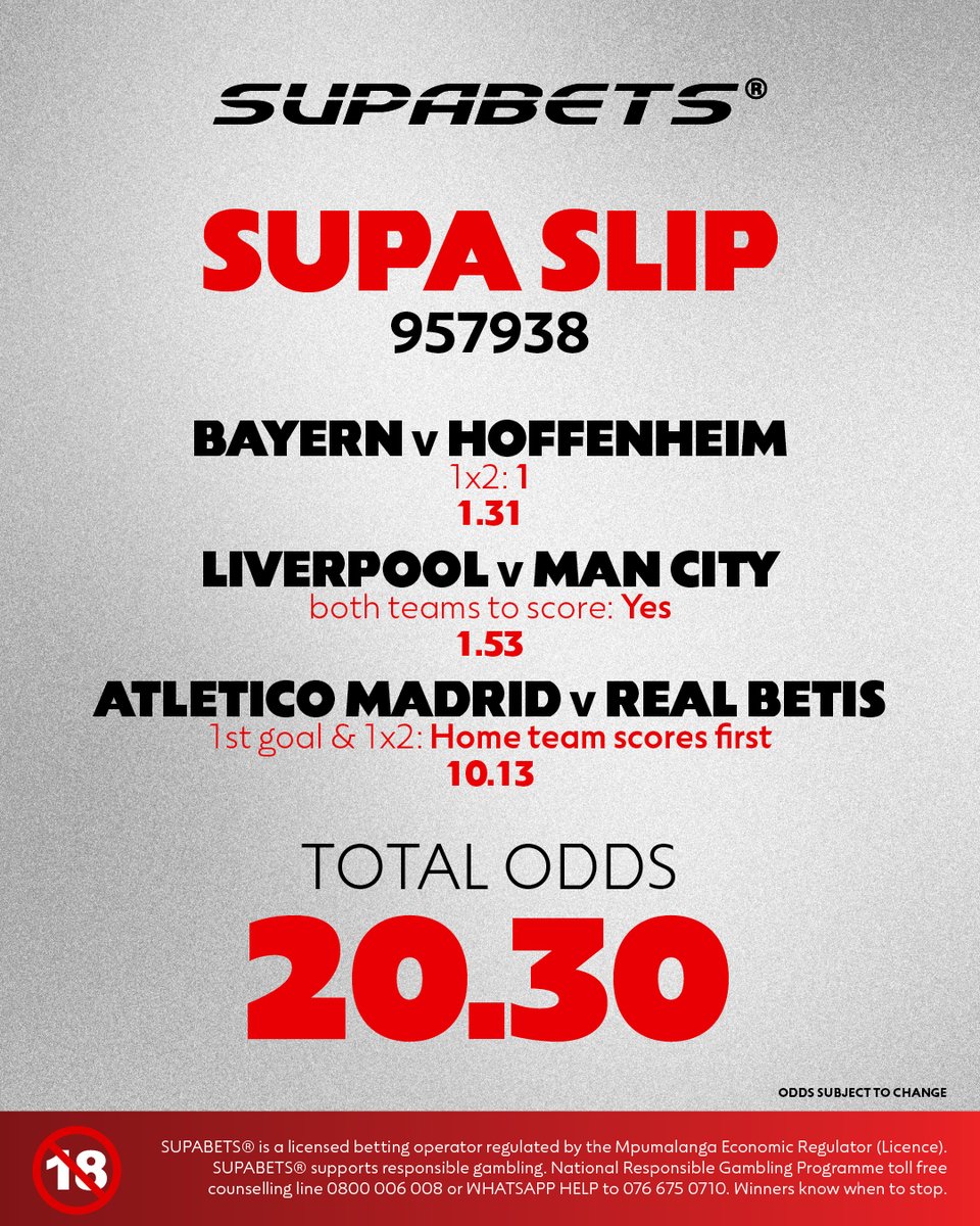 Supabets_mzansi's tweet photo. ⚽️SUPA SUNDAY SUPA SLIP
SUPA SUNDAY is here and we've got an absolute cracker later on😎
👉CODE 9️⃣5️⃣7️⃣9️⃣3️⃣8️⃣ ✅
👉 https://t.co/OgbJVvLd5C ✅
#SupaSunday #supaslip #supabet
18+ | Bet Responsibly https://t.co/jk10sjFwRJ