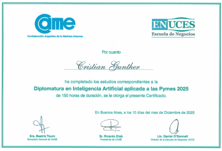 ¡Diploma en mano! 🎓 Finalicé la Diplomatura en IA aplicada a las Pymes de <a href="/redcame/">CAME</a>  y <a href="/universidaduces/">UCES Universidad</a> . 150 horas  de formación para seguir innovando en Metalúrgica Alem.

Gracias por el apoyo a CAMIM y CEM. ¡El futuro de la industria es con IA! 🤖⚙️ #IA #Pymes #Misiones