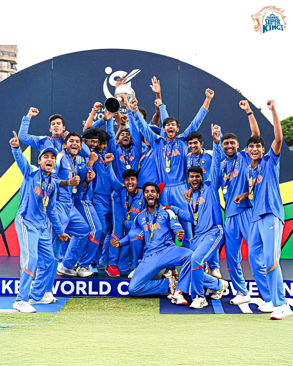 ChennaiIPL's tweet photo. Champions today.
Future tomorrow.
History already written in gold. 🏆✨

#U19WorldCup #WhistlePodu 
📷 : ICC https://t.co/2pxarx5dXg