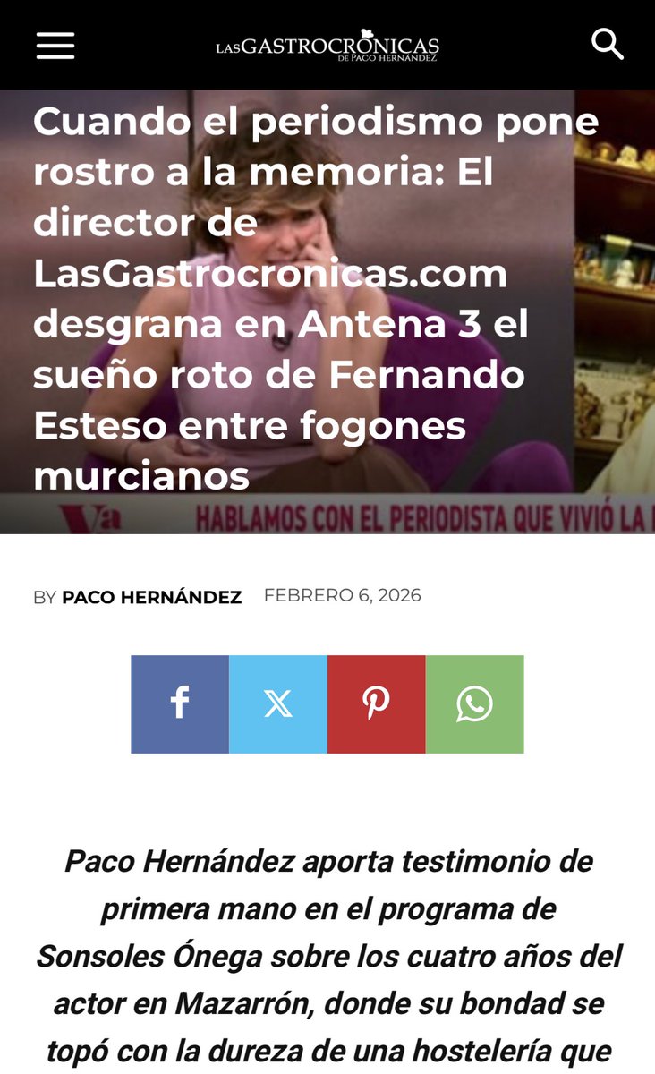 Cuando el periodismo pone rostro a la memoria: El director de LasGastrocronicas.com desgrana en Antena 3 el sueño roto de Fernando Esteso entre fogones murcianos lasgastrocronicas.com/cuando-el-peri… vía @Las Gastrocrónicas