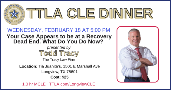 Hello, East Texas! 🍽️📚 Join <a href="/TTLA_/">Texas Trial Lawyers</a>  for a CLE Dinner in Longview on Wed, Feb. 18 at 5:00 PM. We’d love to see you! 🔗 TTLA.com/LongviewCLE