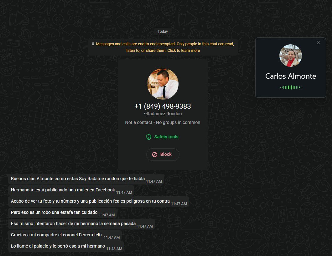 Atención <a href="/PoliciaRD/">Policía Nacional República Dominicana</a> <a href="/CENTRALDICRIM/">CENTRAL DICRIM</a> <a href="/DICATPN/">DICAT (P.N.)</a> desde el número 849-498-9383 delincuentes intentan extorsionar y estafar usando una foto mía de redes sociales.
Favor dar seguimiento. <a href="/AliciaOrtegah/">Alicia Ortega Hasbun</a> <a href="/SIN24Horas/">Noticias SIN</a> <a href="/alfredodelacruz/">Alfredo de la Cruz C</a> <a href="/RamontolentinoT/">Ramon Tolentino</a>