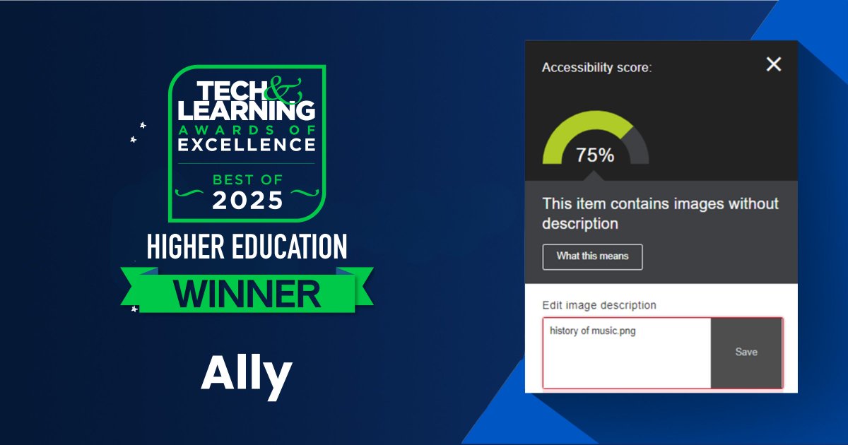 Blackboard's tweet image. Big news: Ally is a @techlearning Best of 2025 Award winner for Higher Education! 

👏 Thank you to the educators, students, and institutions making accessibility a priority—this award is for you. 

#Ally #A11y