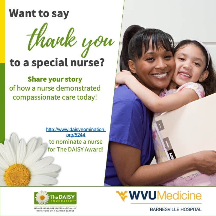 WVUBarnesville's tweet photo. Have you experienced exceptional care from one of our nurses? Nominate them for the DAISY Award for Extraordinary Nurses!  Celebrate the dedication, compassion, and skill they bring to our community every day. 💙 

📲https://t.co/io60NseFjb https://t.co/6zmA9lJbFR