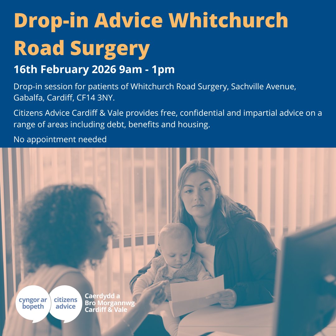 We're at Whitchurch Road Surgery on Monday 16th February betwen 9am and 1pm offering  free, confidential advice on benefits, debt, housing, employment, and more.
