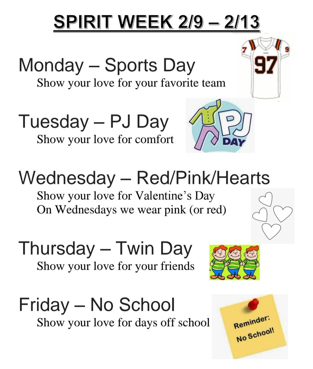 KMS Spirit Week next week!
AND due to the snow day today, our PBIS Winter Olympics is moved to Monday!