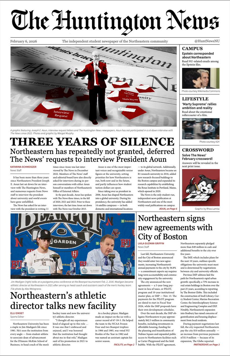 annika_sunkara's tweet photo. Today's front page of @HuntNewsNU. Northeastern President Joseph Aoun hasn't spoken with The Huntington News in over 3 years despite 11 written and in-person interview requests made to the university media relations team. https://t.co/DahsMshtkN