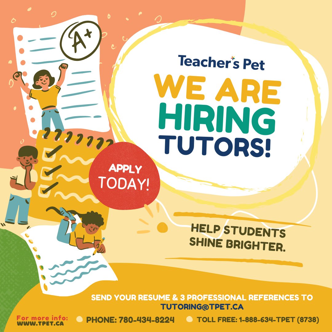 📚 We’re hiring tutors! Share your passion for learning and make a difference in a child’s education. Send your resume + 3 references to tutoring@tpet.ca #tutors #educate #inspirelearners