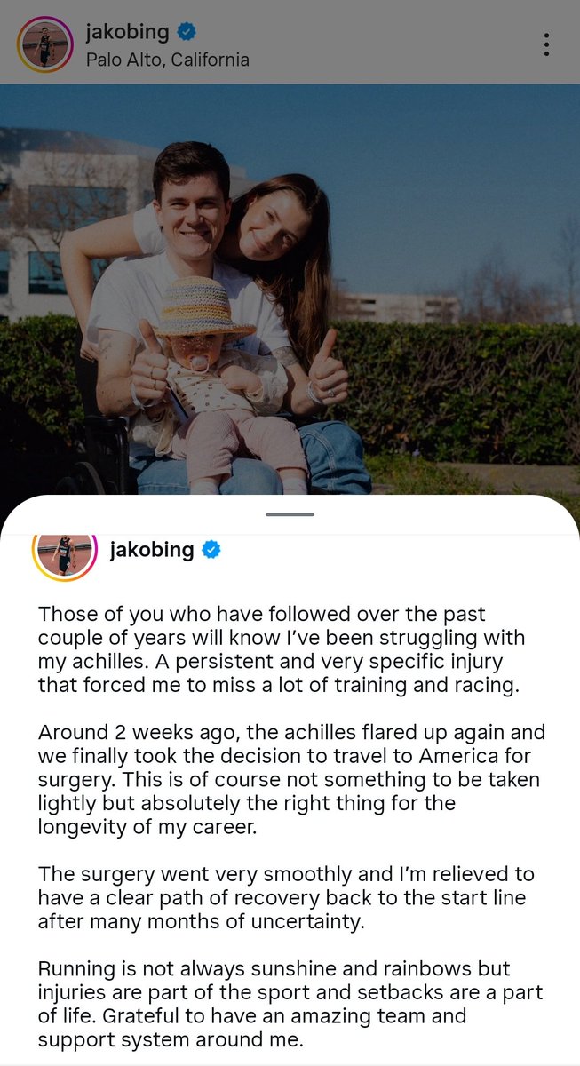 Jakob Ingebrigtsen announces on Instagram that he recently underwent Achilles surgery in the US.