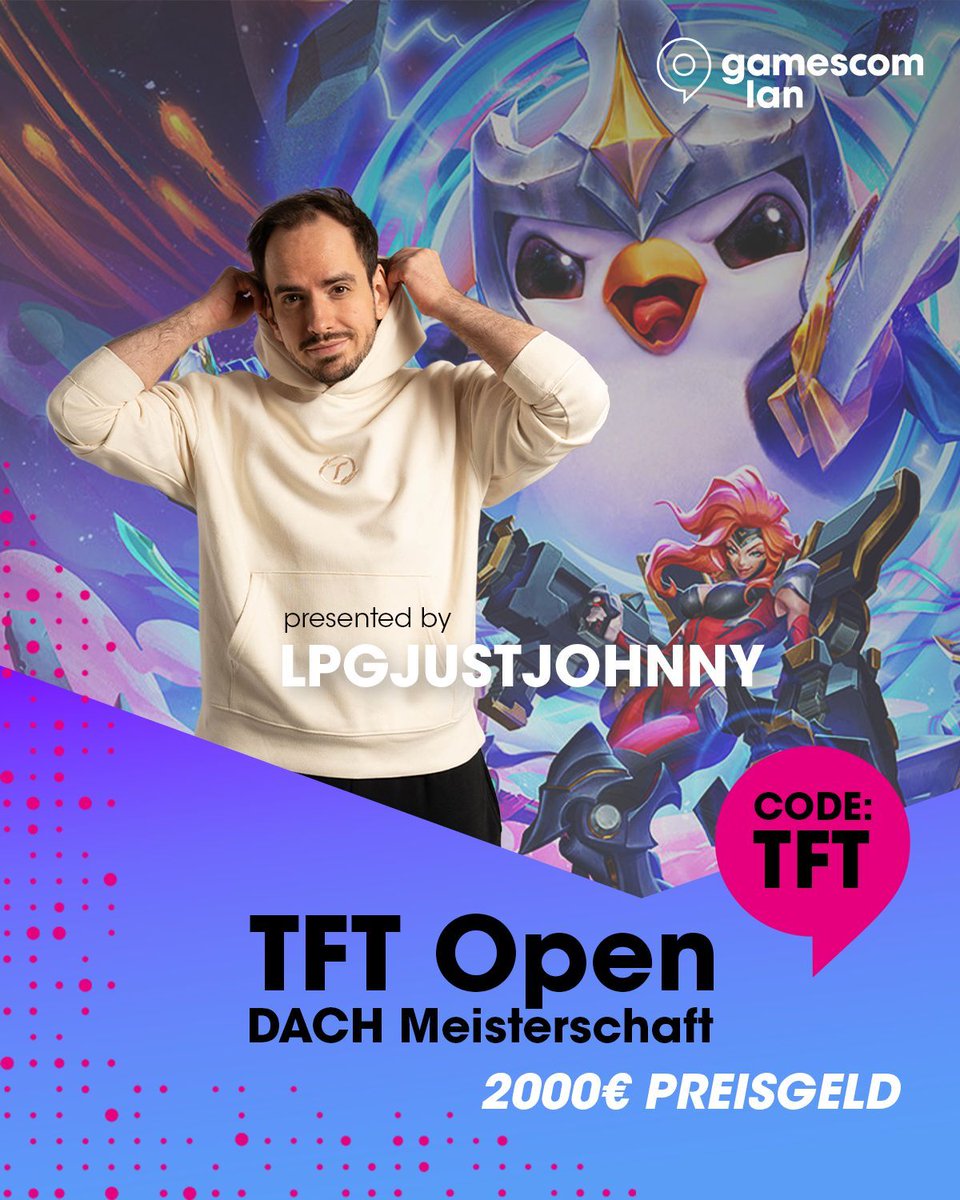 gamescomlan's tweet image. LPGjustJohnny präsentiert an der gamescom lan die TFT Open DACH Meisterschaft! 🕹️ Hol dir jetzt ein Ticket für den TFT-Block mit dem Code "TFT" und spiele um 2000€ Prizepool! Welcome @lpgjustjohnny! 🙌 

🔗 eventbrite.de/e/gamescom-lan…

#3TageLAN #gamescomlan