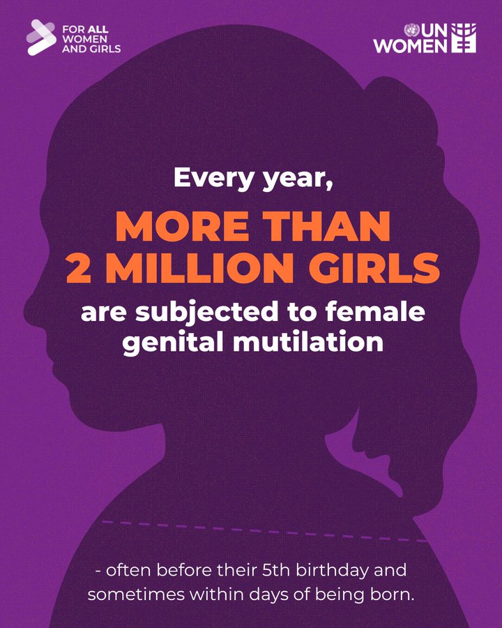 UN4Youth's tweet image. Female genital mutilation is a grave human rights violation rooted in gender inequalities, power imbalances and the social norms that uphold them.

On #EndFGM Day, hear survivors' testimonies and see what @UN_Women is doing to end this harmful practice: ✨unwomen.org/en/news-storie…