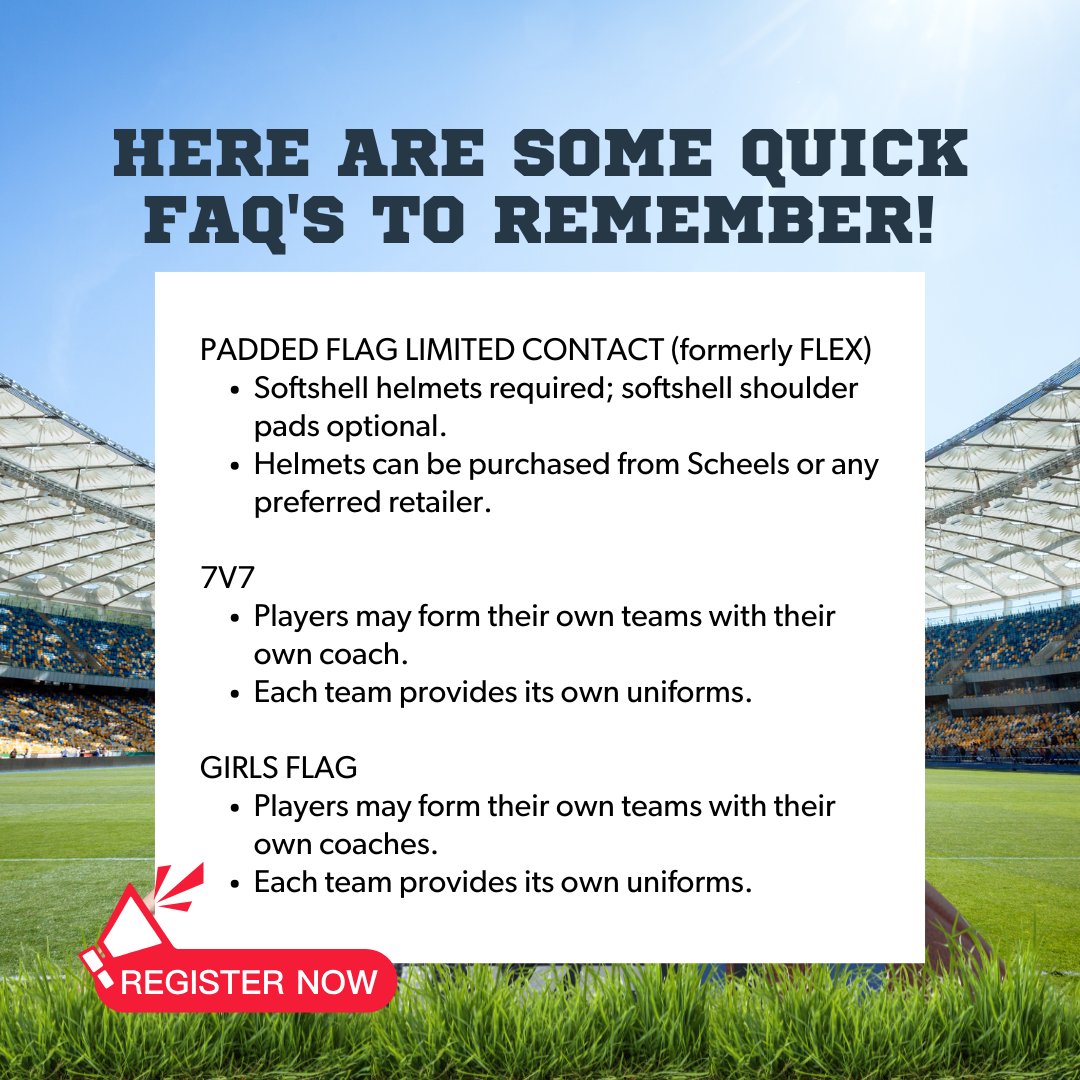 LNKyouthfootbal's tweet photo. 2026 Registration is NOW OPEN! 📣

REGISTER HERE:
🏈 TACKLE: https://t.co/tMxVLxXOGR 
🏈 PADDED FLAG LIMITED CONTACT (formerly FLEX): https://t.co/I8pn3RNJEF  
🏈 7V7: https://t.co/N9SJS6thVr 
🏈 GIRLS FLAG: https://t.co/8DckE10S2a 

💡 Please read some quick FAQ's to remember 💡 https://t.co/HudpICG6Ga