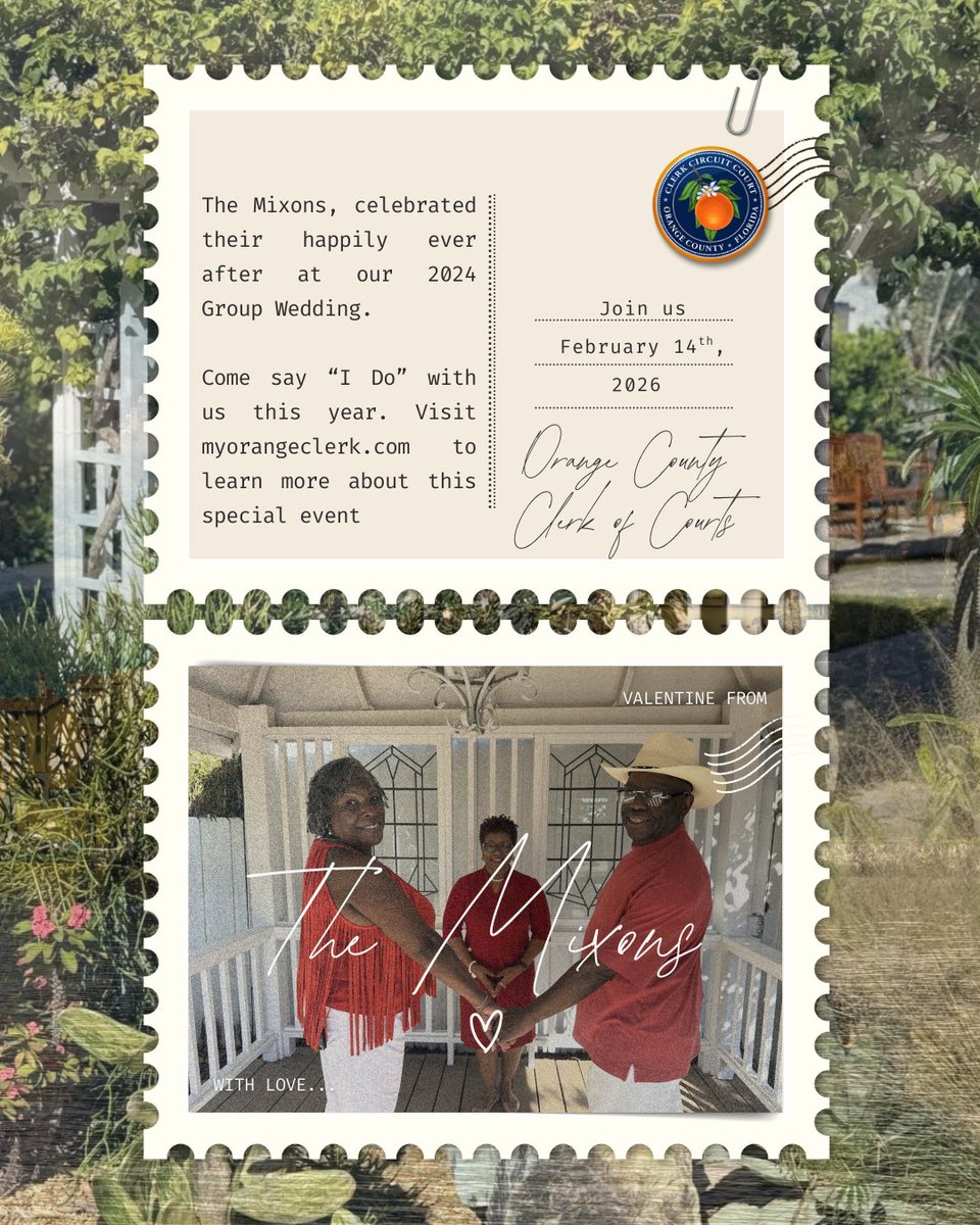 A postcard from happily ever after❤️Meet Milton and Donna Mixon, a couple who participated in our 2024 Valentine's Day Group Wedding Ceremony.

Are you also wanting to get married during the month of love? Visit MyOrangeClerk.com to learn more about our marriage services.
