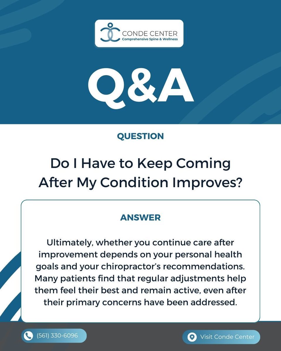 thecondecenter's tweet image. Q&amp;amp;A with Conde Center ❓

Do I Have to Keep Coming After My Condition Improves?

The choice is yours. 🌿 While treatment plans are designed to address your immediate concerns, many patients choose to continue care even after they feel better.

#CondeCenter #ChiropracticCare