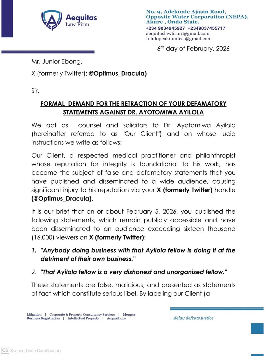 Tonniehaykins's tweet photo. A FORMAL LEGAL DEMAND has been issued to you concerning your defamatory publications against our client, Dr. Ayotomiwa Ayilola @silverpenydr . A copy of the said letter is attached for your immediate attention.

Thanks and warm regards. https://t.co/QC1WLjE7rI