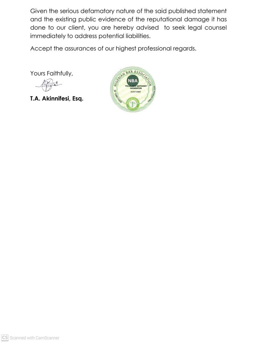Tonniehaykins's tweet photo. A FORMAL LEGAL DEMAND has been issued to you concerning your defamatory publications against our client, Dr. Ayotomiwa Ayilola @silverpenydr . A copy of the said letter is attached for your immediate attention.

Thanks and warm regards. https://t.co/QC1WLjE7rI