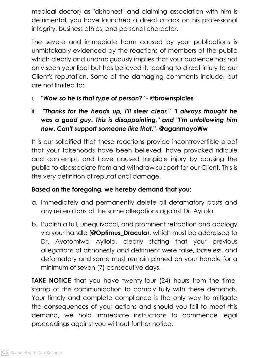 Tonniehaykins's tweet photo. A FORMAL LEGAL DEMAND has been issued to you concerning your defamatory publications against our client, Dr. Ayotomiwa Ayilola @silverpenydr . A copy of the said letter is attached for your immediate attention.

Thanks and warm regards. https://t.co/QC1WLjE7rI